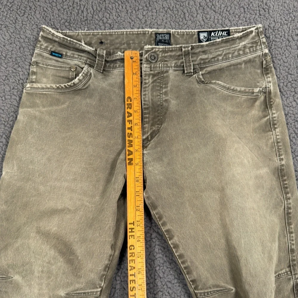 Kuhl Rydr Pants 34x30 Reinforced Ankle Vintage Patina Dye Olive Green Flat Front